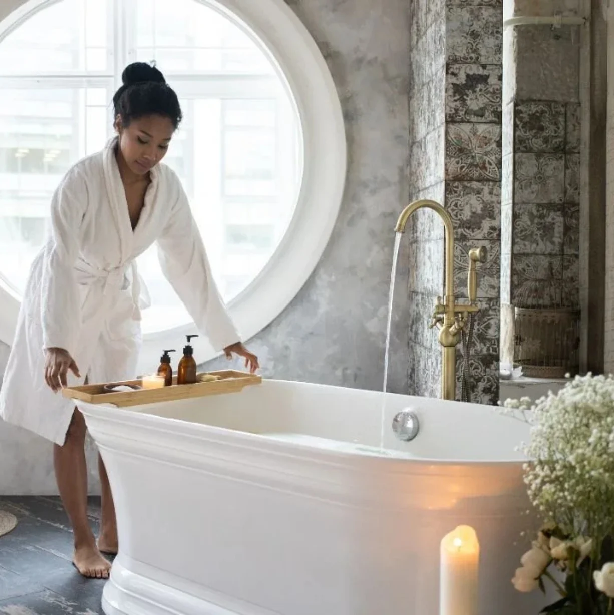 Woman preparing a luxurious bath with bubbles, candles, and bath products on a tray.