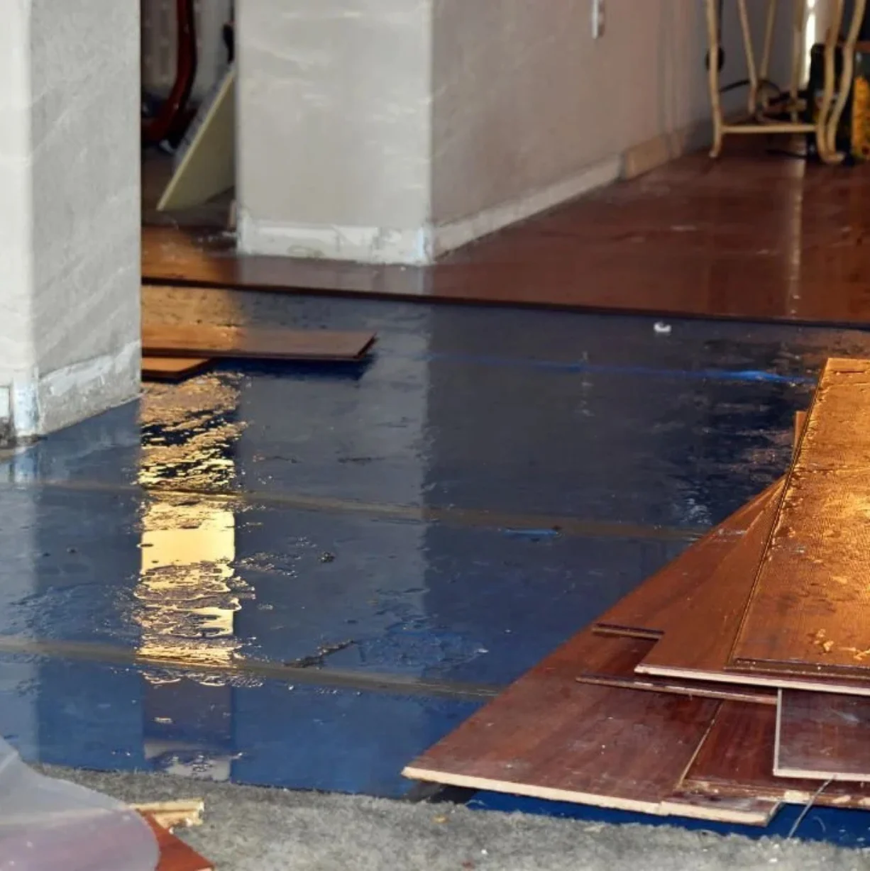 Water damage with ruined flooring. Contact a professional for repairs.