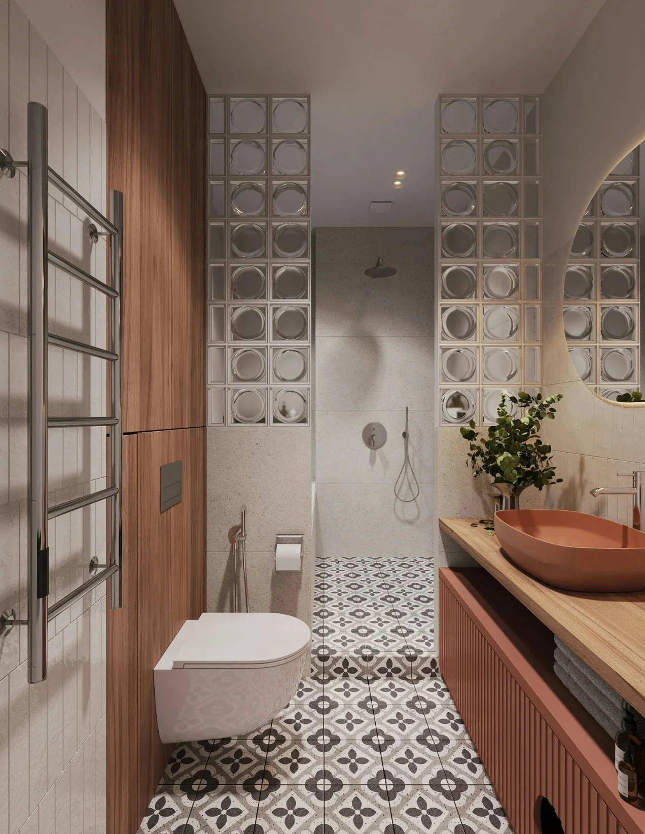 Modern bathroom remodel in Laguna Hills with tile flooring, wood cabinets, and glass block wall.