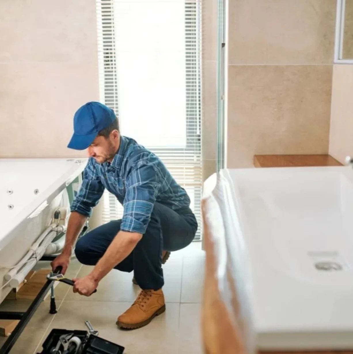 Plumber fixing pipes under a bathtub with a wrench, wearing a blue cap and work boots.