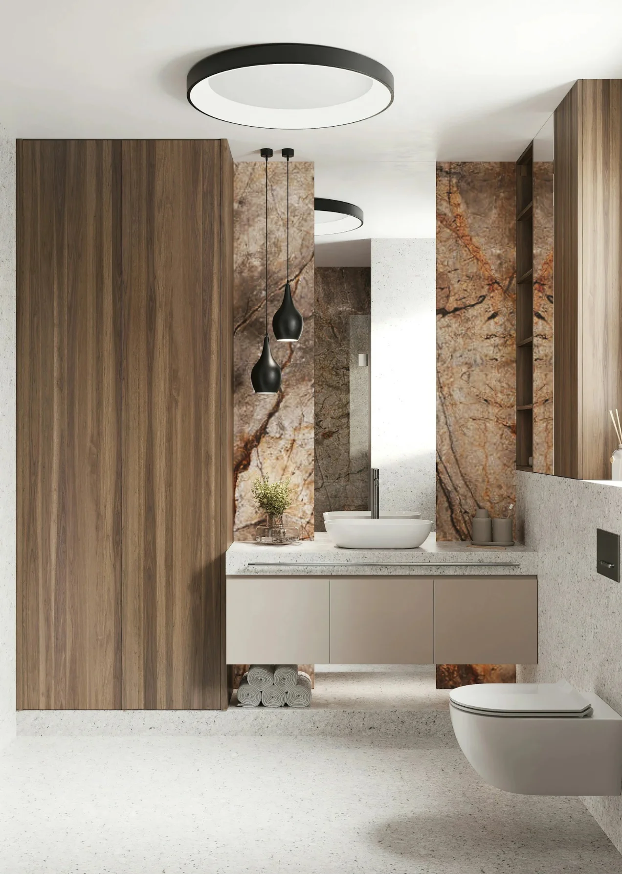 Modern bathroom design with wood cabinets, marble accent wall, and sleek lighting fixtures.