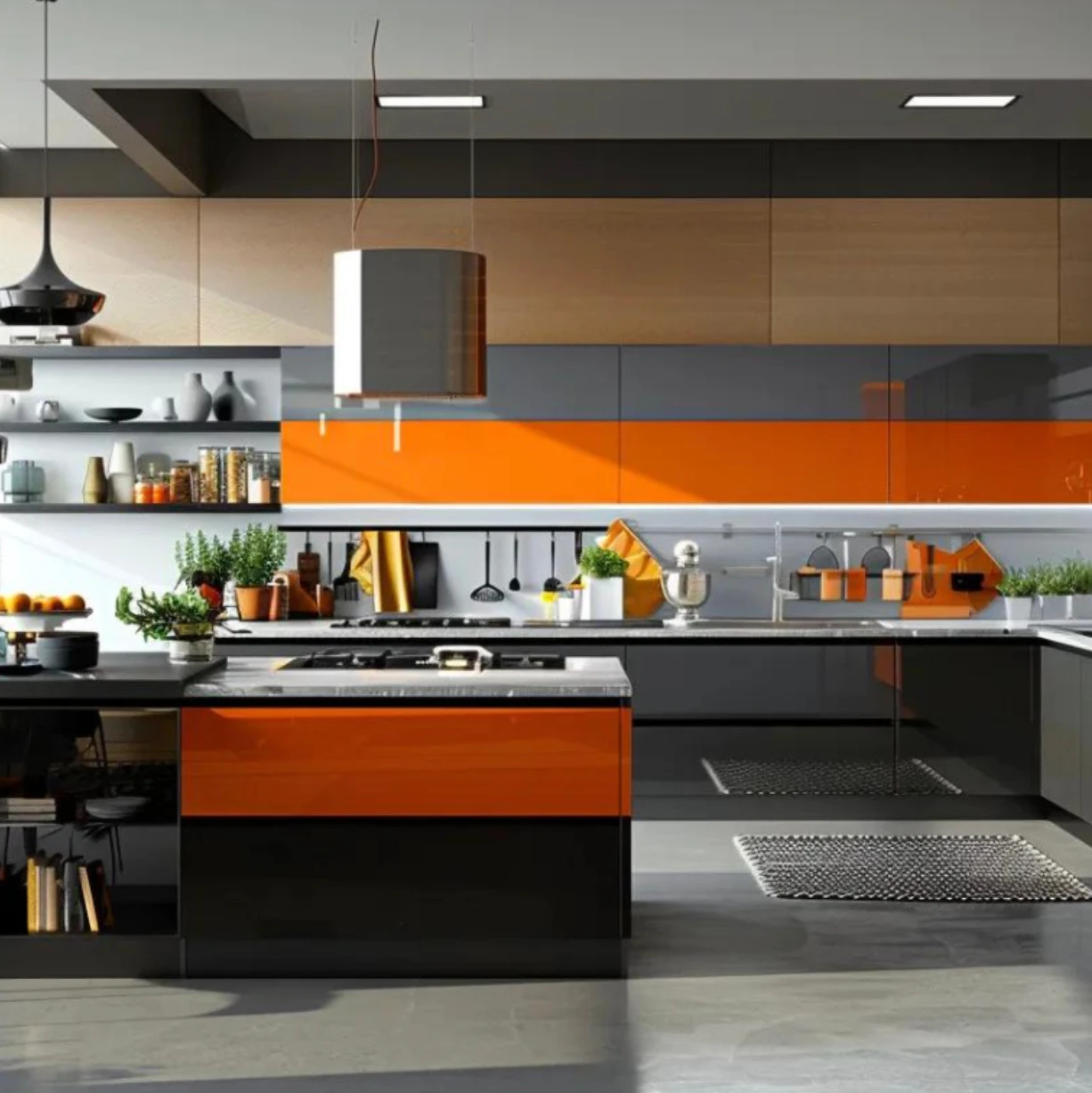 Modern kitchen with orange accents, black cabinets, open shelving, and stainless steel appliances.