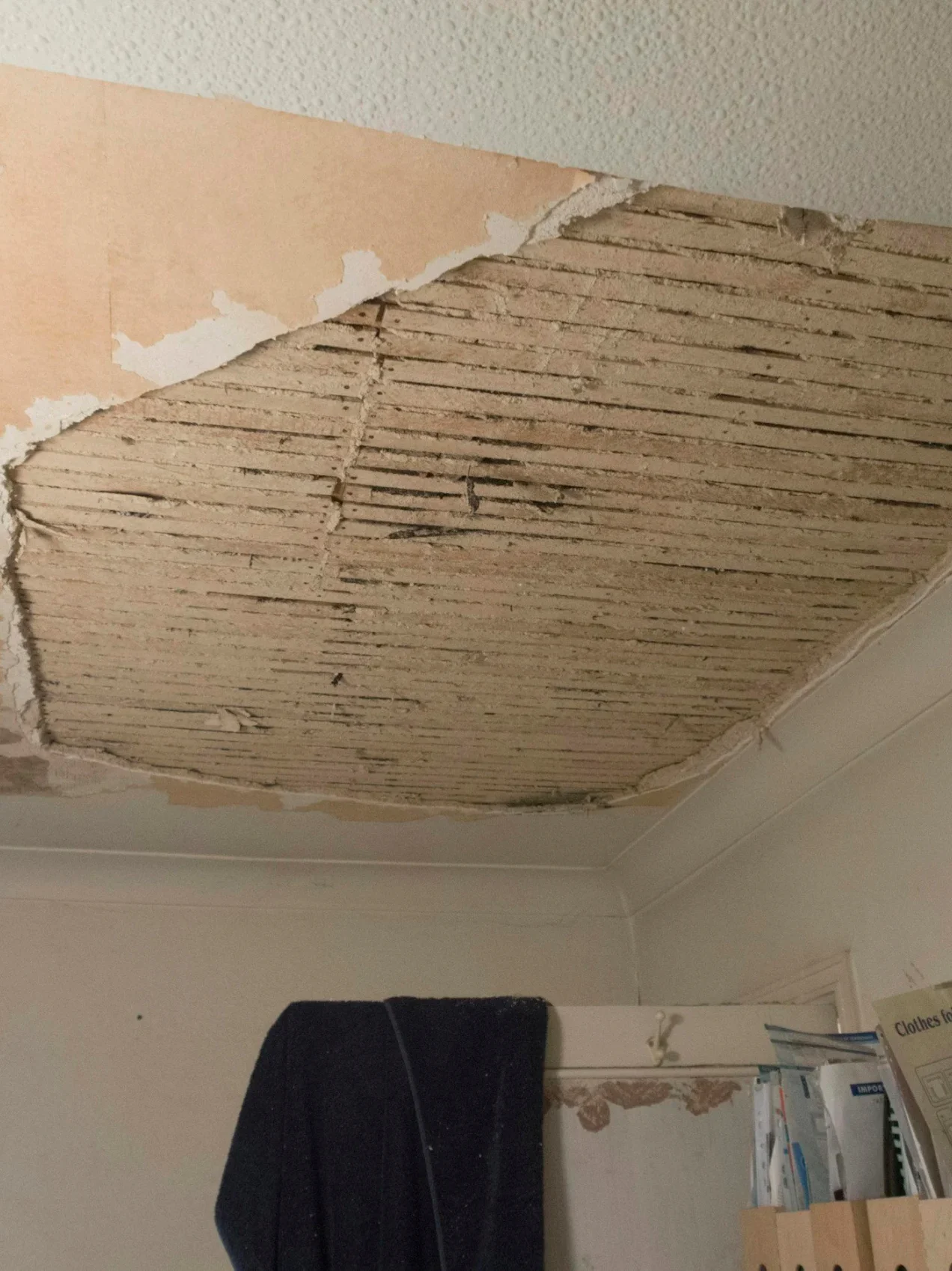 Water Damage Restoration San Juan Capistrano | Contractor Orange County — Timberline Build Co 1 Damaged ceiling with exposed lath, possibly needing water damage restoration in San Juan Capistrano.