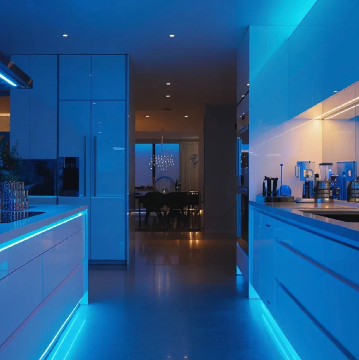 Modern kitchen with blue LED lighting under cabinets and along the floor.