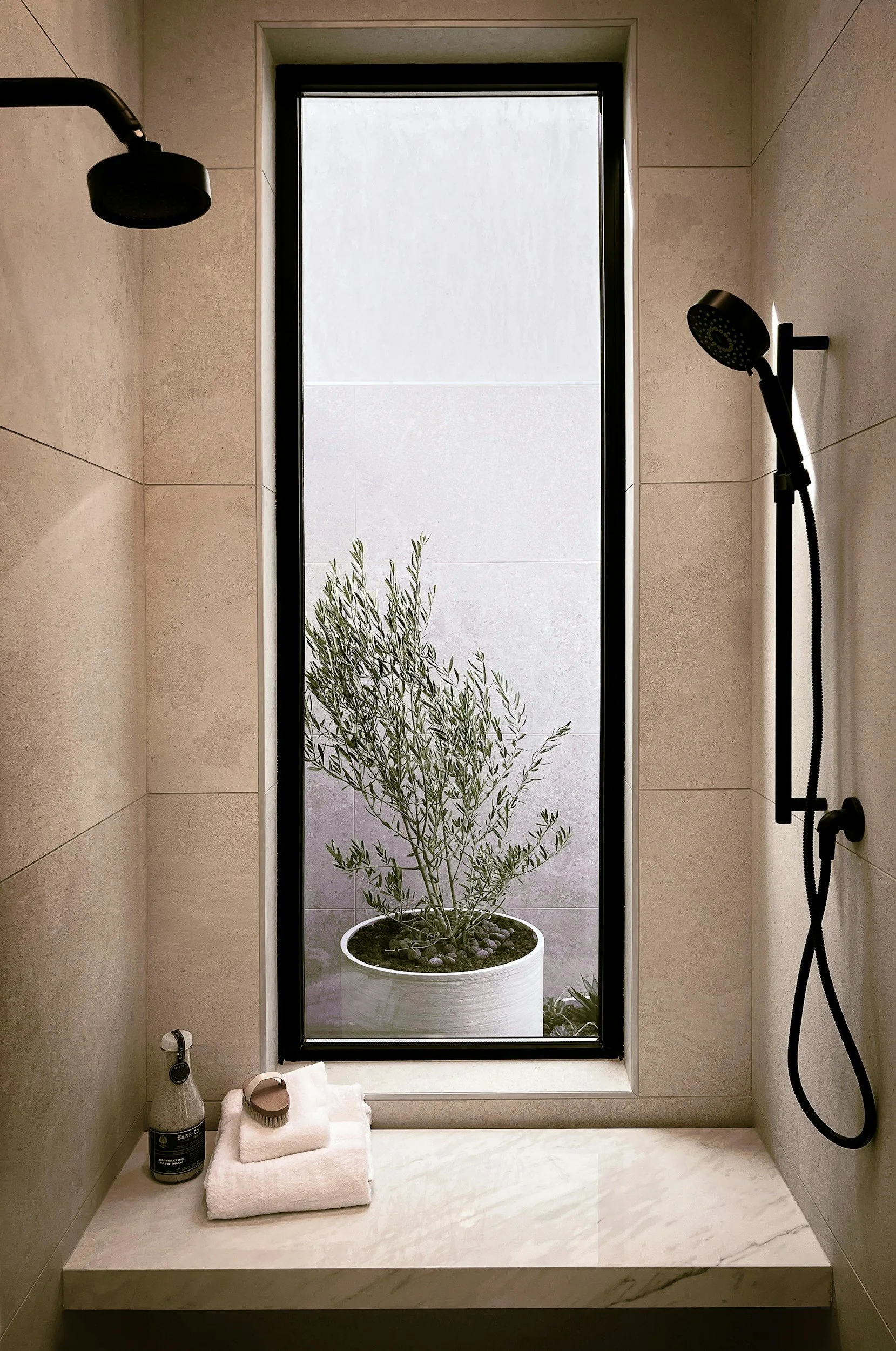 Luxury bathroom remodel in Laguna Hills with tiled shower, plant, and black fixtures.