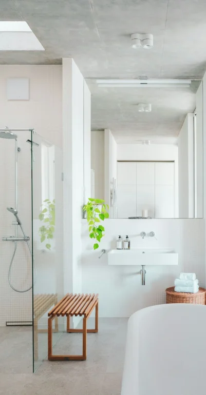 Modern bathroom with walk-in shower, soaking tub, and sleek fixtures.
