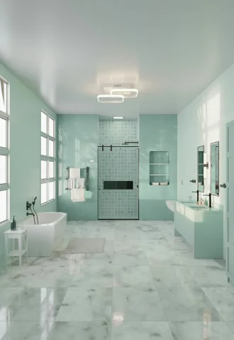 Lake Forest bathroom remodel featuring a modern, light-green design with marble floors and a glass shower.