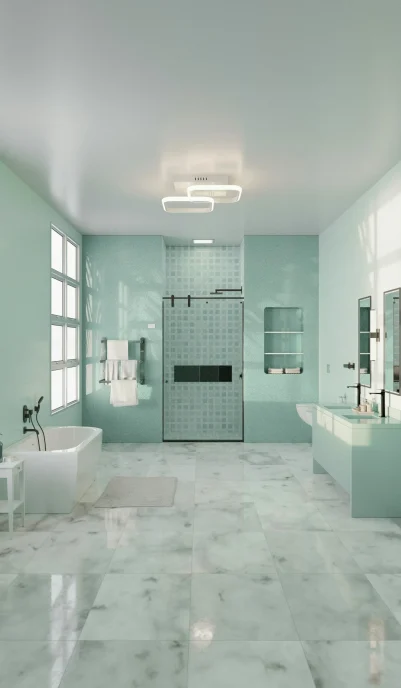 Lake Forest bathroom remodel featuring a modern, light-green design with marble floors and a glass shower.